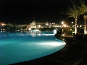 The Hilton's lagoons at night