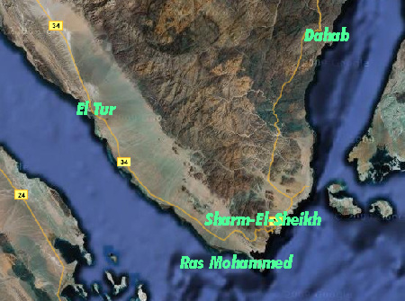 Sinai peninsula. Gulf of Suez on the left, Red Sea on the right